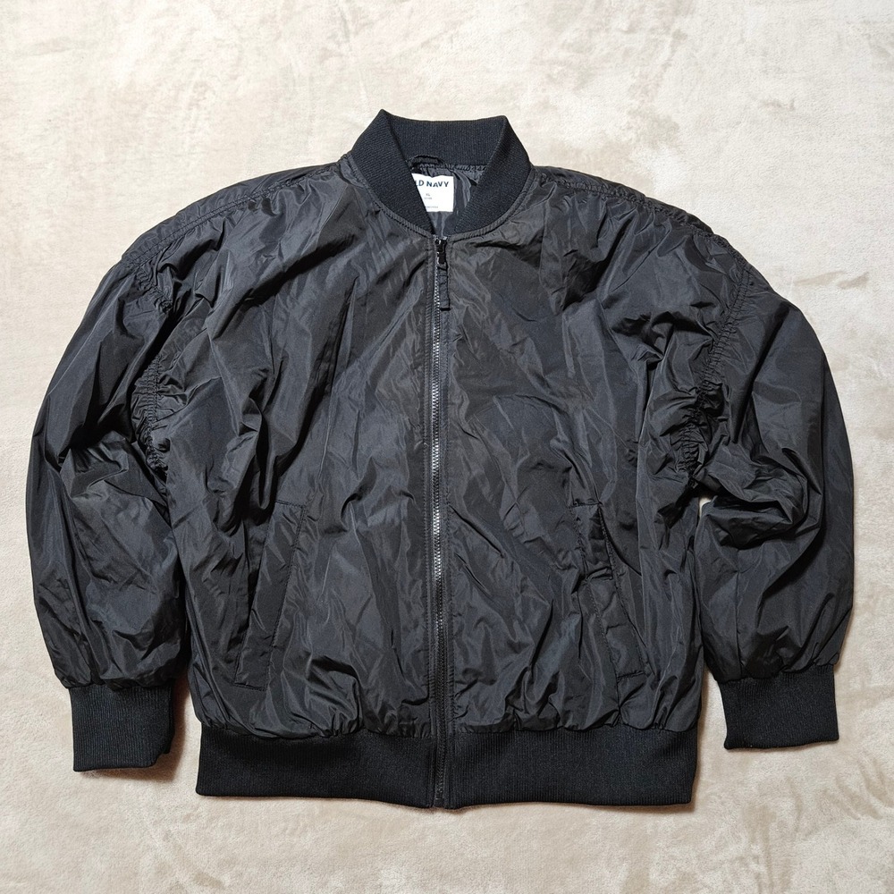 Old Navy Womens XL Black Ruched Bomber Jacket Full‎ Zip Lightweight Casual Coat